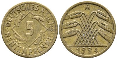 ГЕРМАНИЯ 5 РЕНТЕНПФЕННИГОВ 1924 A KM 32, J. 308 алюминиевая бронза 39-455