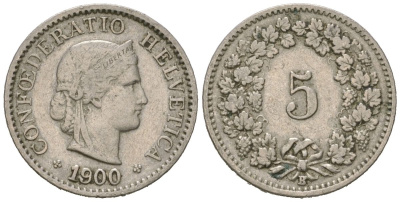 Швейцария 5 раппенов 1900 B KM 26 медно-никель 39-131
