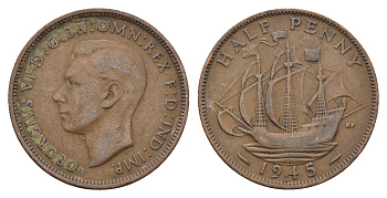 Великобритания 1/2 пенни 1945 Георг VI (1936-1952) KM 844, Spink 4115 бронза 4699-425