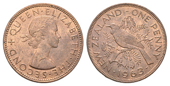 Новая Зеландия 1 пенни 1963 Елизавета II (1952-2022), новозеландский туи KM 24.2 бронза aUNC 4587-721