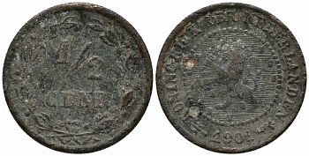 НИДЕРЛАНДЫ 1/2 ЦЕНТА 1901 ВИЛЬГЕЛЬМИНА (1890-1948) KM 109 бронза 112-167