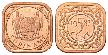 Суринам 5 центов 1987 KM 12b сталь плакированная медью UNC 4625-317