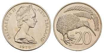 Новая Зеландия 20 центов 1970 Елизавета II (1952-2022), птичка киви, тираж 30.000 экземпляров KM 36 медно-никель UNC 93-912