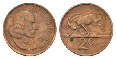 ЮАР 2 цента 1969 Ян ван Рибек (1619-1677), South Africa, легенда на английском, антилопа KM 66.1 бронза 4122-523