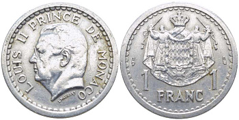 Монако 1 франк 1943 Луи II (1922-1949) KM 120 алюминий 113-357