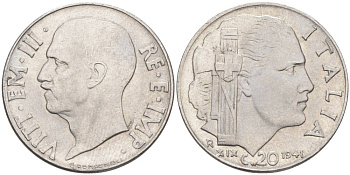 ИТАЛИЯ 20 ЧЕНТЕЗИМО 1941 R, ГОД XIX, ВИКТОР ЭММАНУИЛ III (1900-1946) KM 75b, VEM3. 1028 нержавеющая сталь 3853-1155