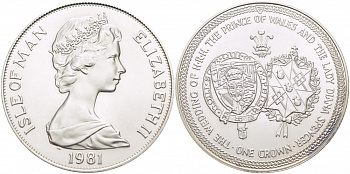 Остров Мэн 1 крона 1981 Королевская свадьба принца Чарльза и леди Дианы, гербы КМ 81a серебро UNC 1081-9-12