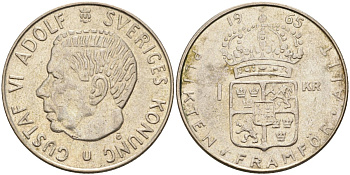 Швеция 1 крона 1965 U, Густав VI Адольф (1950-1973) KM 826 серебро 4582-433