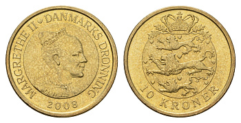 Дания 10 крон 2008 NR, Маргрете II (1972-2024) KM 896 алюминиевая бронза UNC 117-112