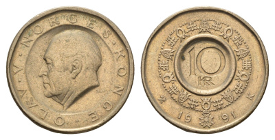 Норвегия 10 крон 1991 Улаф V (1957-1991) KM 427 никель латунь 190-1022