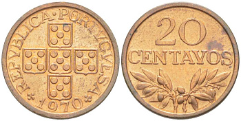 ПОРТУГАЛИЯ 20 СЕНТАВО 1970 KM 595 бронза XF+ 4516-359
