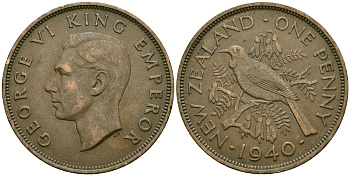 Новая Зеландия 1 пенни 1940 Георг VI (1936-1952), новозеландский туи KM 13 бронза 4165-1142
