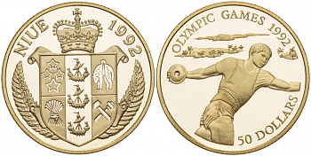 Ниуэ 50 долларов 1992 Олимпийские игры 1992 года, дискобол, тираж 6000 экз. KM 71 золото PROOF 00-808-12