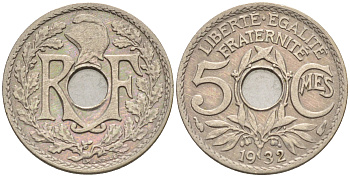 Франция 5 сантимов 1932 тип Линдайё KM 875 медно-никель    4594-1146