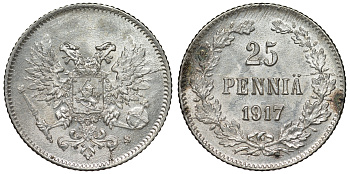 Россия для Финляндии 25 пенни 1917 S, временное правительство, без короны KM 19, Биткин 2 серебро аUNC 71-313