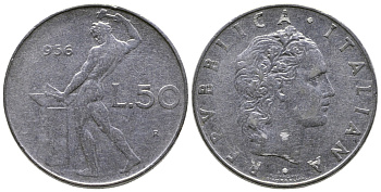 Италия 50 лир 1956 R, бог огня Вулкан у наковальни KM 95.1 нержавеющая сталь 85-115