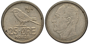 Норвегия 25 эре 1964 Улаф V (1958-1991), синица KM 407 медно-никель 4181-235