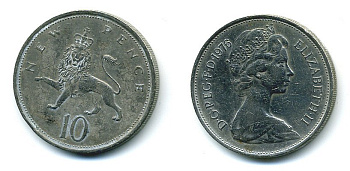 Великобритания 10 пенсов 1976 Елизавета II (1952-2022) KM 912, Spink 4231 (F1) медно-никель  4110-1415