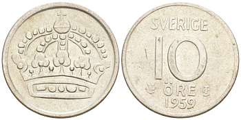 Швеция 10 эре 1959 TS, Густав VI Адольф (1950-1973) KM 823 серебро 192-151