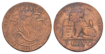 Бельгия 5 сантимов 1851 Леопольд I (1831-1865) KM 5 медь 4657-531