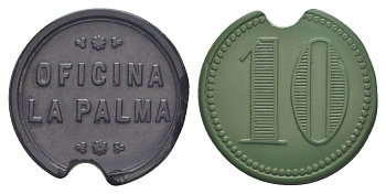 Чили, Пальма (La Palma), Посо-Альмонте шахтерский жетон с Селитряного рудника для покупки в местных магазинах, номиналом в 10 сентаво 1880-1920 диаметр 30 мм, вес 2,17 гр Espinosa 163.8 эбонит (зеленый и черный) 1094-2-63