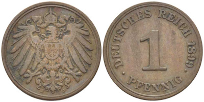 ГЕРМАНИЯ 1 ПФЕННИГ 1899 J KM 10, J. 10, Weege 2 медь 211-239