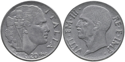 ИТАЛИЯ 20 ЧЕНТЕЗИМО 1940 R, ВИКТОР ИМАНУИЛ, XXII ГОД, МАГНИТНАЯ KM 75b нержавеющая сталь 86-725