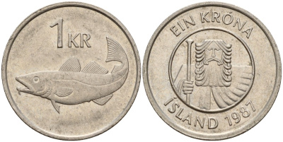 Исландия 1 крона 1987 треска KM 27 медно-никель 4141-147