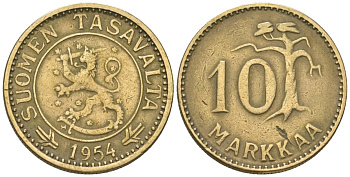 Финляндия 10 марок 1954 H KM 38 алюминиевая бронза 4169-712