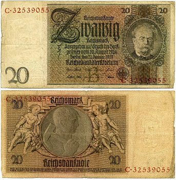 ГЕРМАНИЯ 20 РЕЙХСМАРОК 1929 Pick 181a бумага 3295-80-3