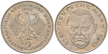 ФРГ 2 марки 1990 D, Людвиг Эрхард, 40 лет Федеративной Республике KM 170 медно-никель 4574-225