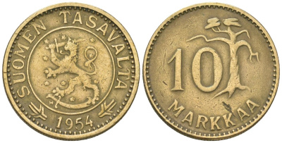 Финляндия 10 марок 1954 H KM 38 алюминиевая бронза 4169-712