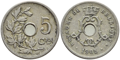 БЕЛЬГИЯ 5 САНТИМОВ 1905 BELGIQUE KM 54 медно-никель 4396-354
