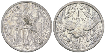 Французская Новая Каледония 1 франк 2014 птица кагу, (IEOM) KM 10, Schoen 10 алюминий 31-1027