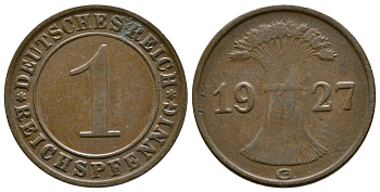 ГЕРМАНИЯ 1 РЕЙХСПФЕННИГ 1927 G KM 37, J. 313 бронза 4380-1143