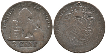 БЕЛЬГИЯ 2 САНТИМА ND С ОТВЕРСТИЕМ KM 4.2 медь 34-344