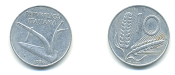 ИТАЛИЯ 10 ЛИР 1956 R, ПЛУГ KM 93 алюминий 80-1234