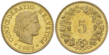 Швейцария 5 раппенов 2003 B KM 26c алюминиевая бронза aUNC 4115-1261