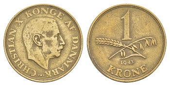 Дания 1 крона 1943 N, Кристиан X (1912-1947) KM 835 алюминиевая бронза 4654-736