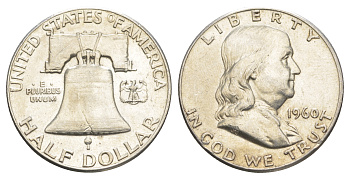 США 1/2 доллара (50 центов) 1960 Бенджамин Франклин, колокол KM 199 серебро  aUNC  4653-122