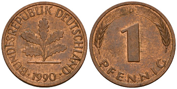 ФРГ 1 пфенниг 1990 D KM 105, J.380 сталь плакированная медью 4602-769