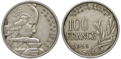 Франция 100 франков 1955 KM 919.1 медно-никель 51-2847