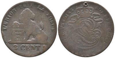 БЕЛЬГИЯ 2 САНТИМА ND С ОТВЕРСТИЕМ KM 4.2 медь 34-344