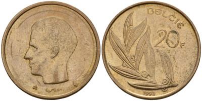 Бельгия 20 франков 1993 Belgie, Бодуэн I (1951-1993) KM 160 никель бронза 4599-226