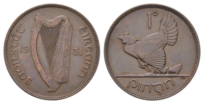 Ирландия 1 пенни 1931 курица с цыплятами KM 3 бронза 4672-412