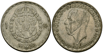 Швеция 1 крона 1949 TS, Густав VI Адольф (1950-1973) KM 814 серебро 4177-953