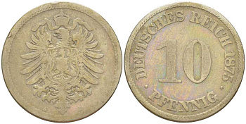 ГЕРМАНИЯ 10 ПФЕННИГОВ 1875 A, СТАРОГЕРБОВКА KM 4, J. 4, Weege 7 медно-никель 261-1221