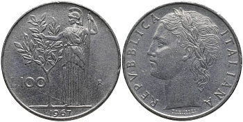 ИТАЛИЯ 100 ЛИР 1967 R, АФИНА KM 96.1 нержавеющая сталь 32-641