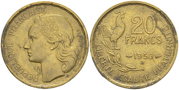 ФРАНЦИЯ 20 ФРАНКОВ 1950 В KM 917.2, LE FRANC 402.4 алюминиевая бронза 4525-1015