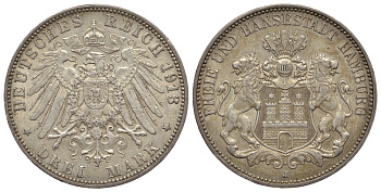 ГАМБУРГ 3 МАРКИ 1913 J, СВОБОДНЫЙ ГОРОД KM 620, J. 64, Weege 63 серебро 413-4634